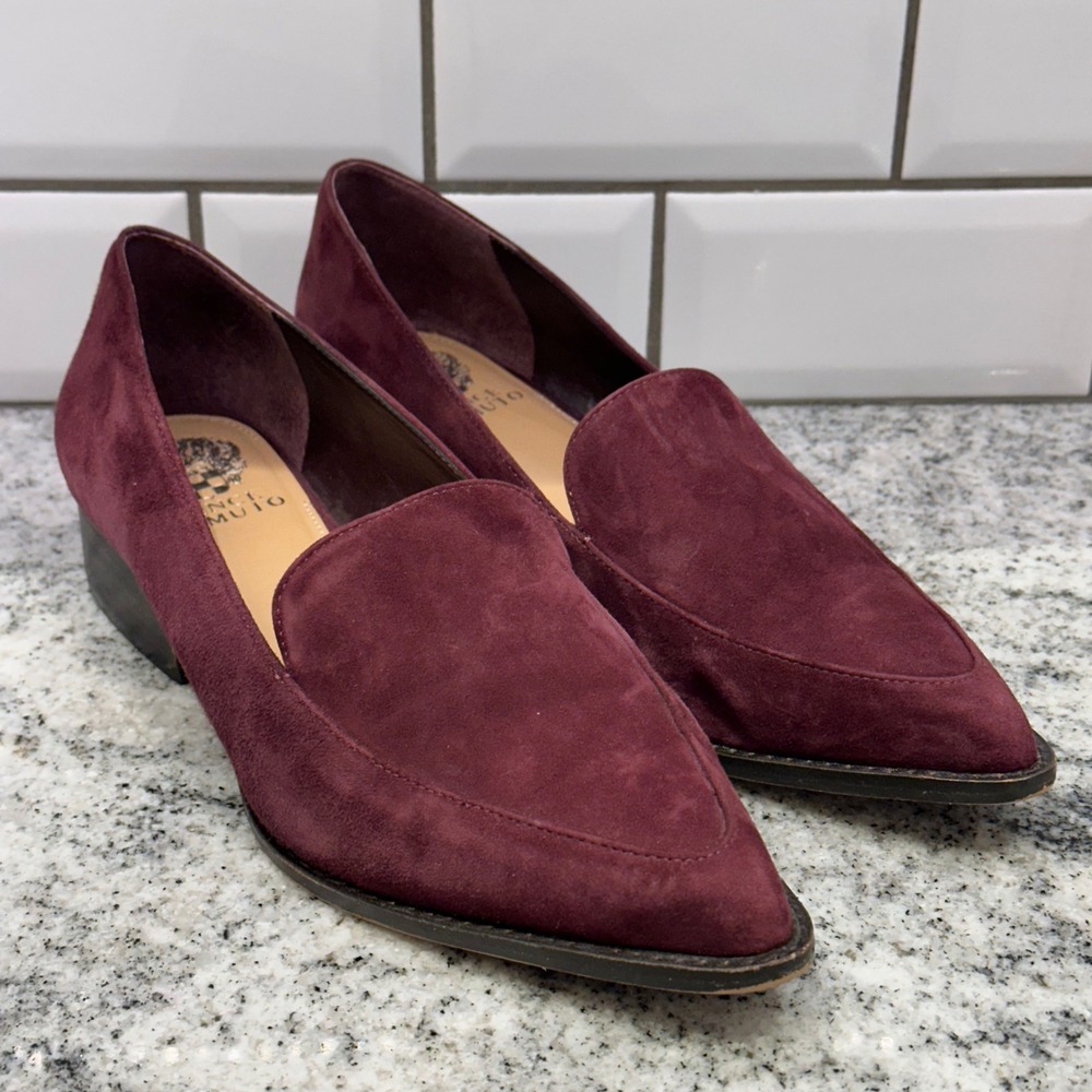 Vince Camuto Womens 9.5 M Pointed Toe Loafers Burgundy Suede Block Heel Flats